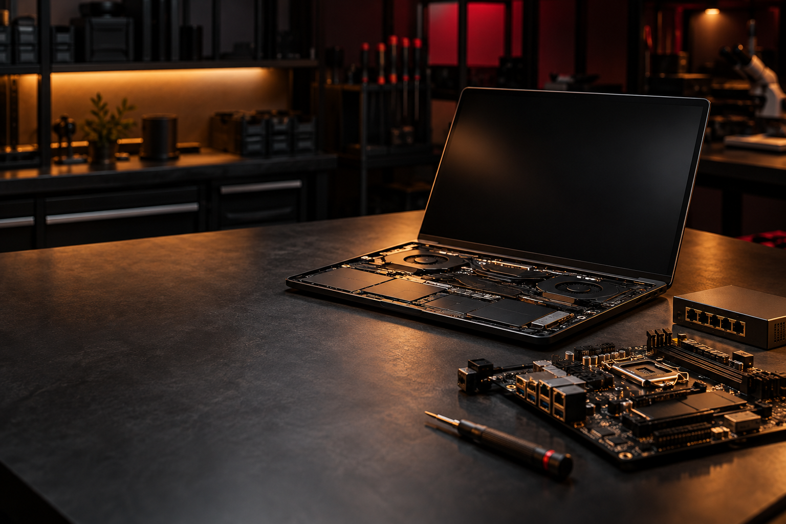 Laptop and computer components arranged on a warmly lit repair workbench